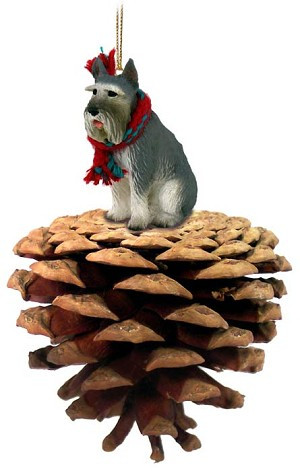 Gray Giant Schnauzer Dog on Pinecone Christmas Ornament – Hand-Painted Stone Resin