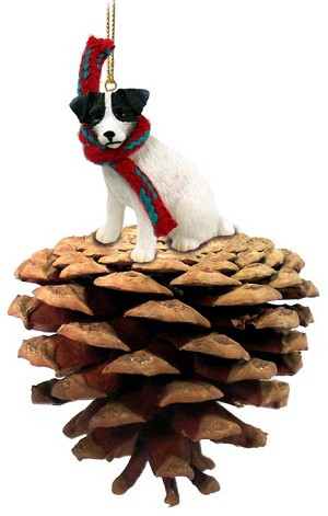 Black & White with Rough Coat Jack Russell Terrier Dog on Pinecone Christmas Ornament