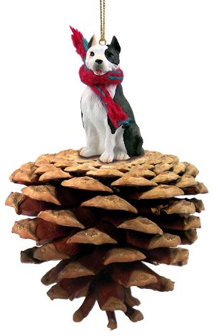 Brindle Pit Bull Terrier Dog on Pinecone Christmas Ornament – Hand-Painted Stone Resin