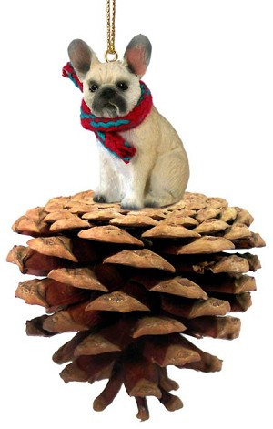 Fawn French Bulldog on Pinecone Christmas Ornament – Hand-Painted Stone Resin