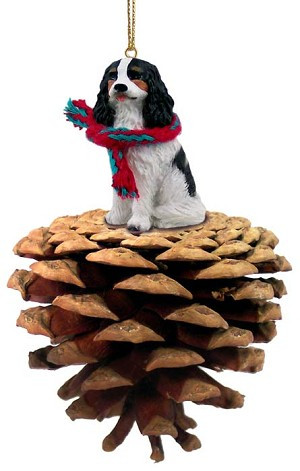 Brown, Black & White Cavalier King Charles Spaniel Dog on Pinecone Christmas Ornament