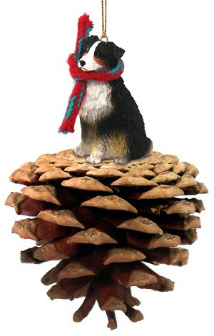 Tricolor Australian Shepherd Dog on Pinecone Christmas Ornament – Hand-Painted Stone Resin