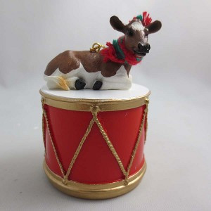 Brown and White Guernsey Cow on Drum Christmas Ornament – Hand-Painted Stone Resin