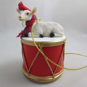 White Goat on Drum Christmas Ornament – Hand-Painted Stone Resin