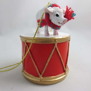 Pink Pig on Drum Christmas Ornament – Hand-Painted Stone Resin