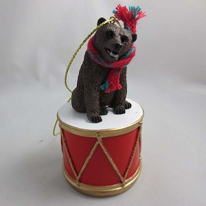 Grizzly Bear on Drum Christmas Ornament – Hand-Painted Stone Resin