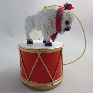 White Buffalo on Drum Christmas Ornament – Hand-Painted Stone Resin