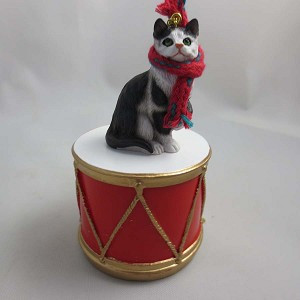 Black & White Shorthaired Tabby Cat on Drum Christmas Ornament – Hand-Painted Stone Resin