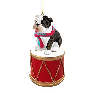 Brindle Bulldog on Drum Christmas Ornament – Hand-Painted