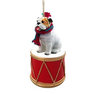 White Bulldog on Drum Christmas Ornament – Hand-Painted