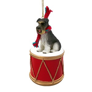 Gray Uncropped Ears Schnauzer Dog on Drum Christmas Ornament – Hand-Painted