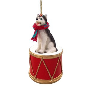 Black & White Blue Eyes Husky Dog on Drum Christmas Ornament – Hand-Painted