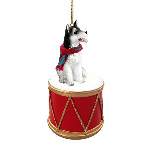 Black & White Brown Eyes Husky Dog on Drum Christmas Ornament – Hand-Painted