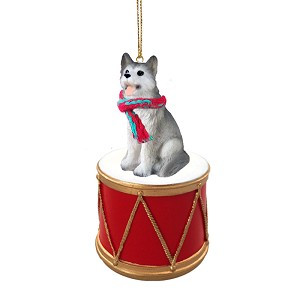 Gray & White Brown Eyes Husky Dog on Drum Hanging Ornament – Hand-Painted
