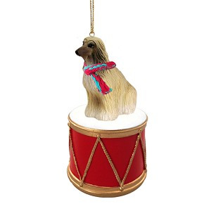 Tan & White Afghan Hound Dog on Drum Christmas Ornament – Hand-Painted