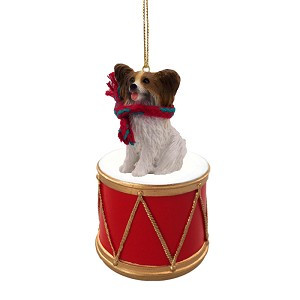 Brown & White Papillon Dog on Drum Christmas Ornament – Hand-Painted