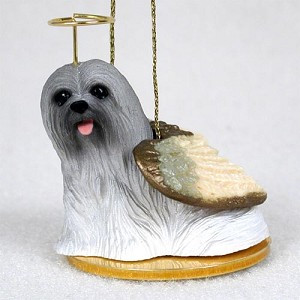 Gray Lhasa Apso Dog Angel Hanging Ornament – Hand-Painted Resin