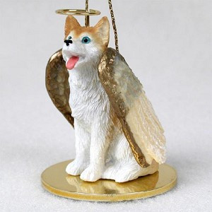 Red & White Blue Eyes Husky Dog Angel Hanging Ornament – Hand-Painted Resin