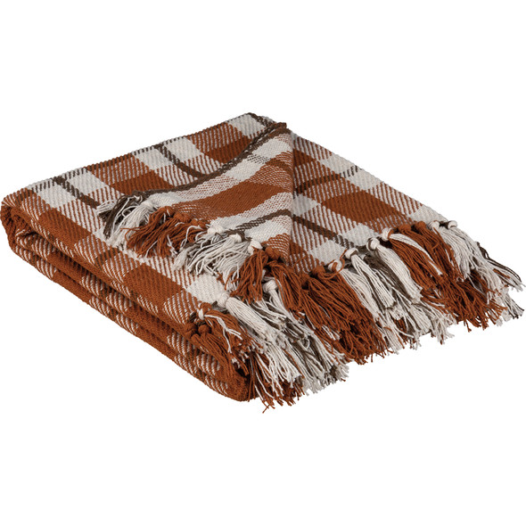 Cotton Throw Blanket - Fall Colors Orange Plaid With Fringe Accents - 50x60 from Primitives by Kathy