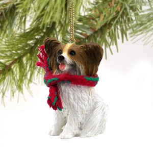 Brown & White Papillon Dog Christmas Ornament – Hand-Painted