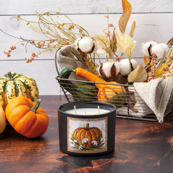 Matte Black Decorative Jar Candle - Orange Pumpkin & Cotton Stems (Pumpkin Spice Scent) 14 Oz from Primitives by Kathy