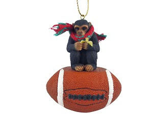 Chimpanzee on Football Christmas Ornament – Hand-Painted Stone Resin