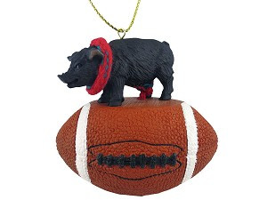 Black Pig on Football Christmas Ornament – Hand-Painted Stone Resin