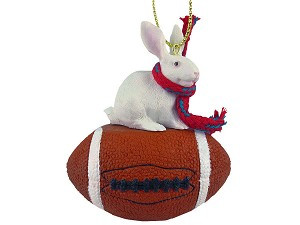White Rabbit on Football Christmas Ornament – Hand-Painted Stone Resin