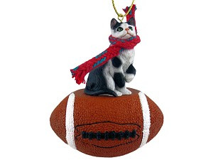 Black & White Shorthaired Tabby Cat on Football Christmas Ornament – Hand-Painted Stone Resin