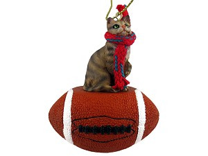Brown Shorthaired Tabby Cat on Football Christmas Ornament – Hand-Painted Stone Resin