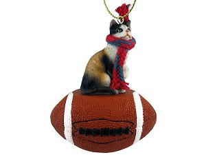 Calico Shorthaired Cat on Football Christmas Ornament – Hand-Painted Stone Resin