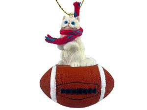 White Persian Cat on Football Christmas Ornament – Hand-Painted Stone Resin
