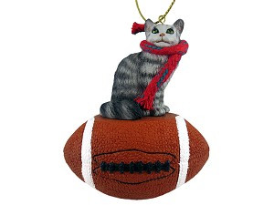 Silver Tabby Maine Coon Cat on Football Hanging Ornament – Hand-Painted Stone Resin