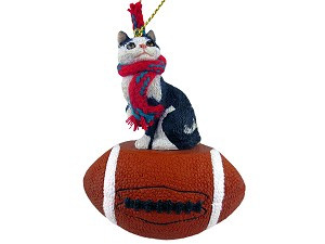 Black & White Manx Cat on Football Christmas Ornament – Hand-Painted Stone Resin