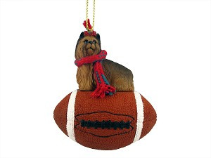Yorkshire Terrier Dog on Football Christmas Ornament – Hand-Painted Stone Resin