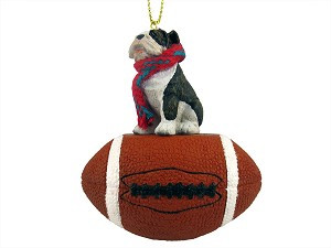 Brindle Bulldog on Football Christmas Ornament – Hand-Painted Stone Resin