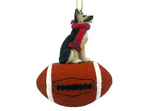 Tan & Black German Shepherd Dog on Football Christmas Ornament – Hand-Painted Stone Resin