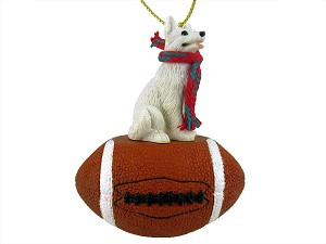 White German Shepherd Dog on Football Christmas Ornament – Hand-Painted Stone Resin