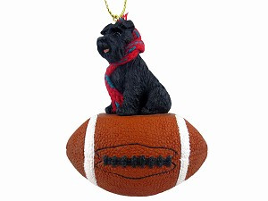 Black with Uncropped Ears Schnauzer Dog on Football Christmas Ornament – Hand-Painted Stone Resin