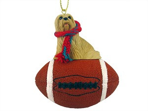 Blonde Lhasa Apso Dog on Football Christmas Ornament – Hand-Painted Stone Resin