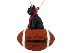 Black Schnauzer Dog on Football Christmas Ornament – Hand-Painted Stone Resin