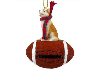 Red & White with Blue Eyes Husky Dog on Football Christmas Ornament – Hand-Painted Stone Resin