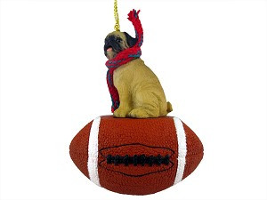 Fawn Pug Dog on Football Christmas Ornament – Hand-Painted Stone Resin