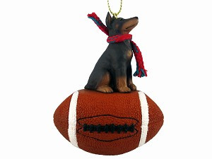 Red with Cropped Doberman Pinscher Dog on Football Christmas Ornament – Hand-Painted Stone Resin