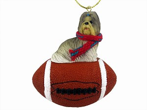 Mixed Color Shih Tzu Dog on Football Christmas Ornament – Hand-Painted Stone Resin