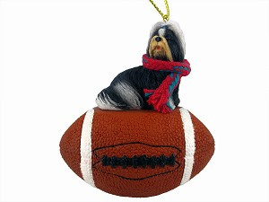 Black & White Shih Tzu Dog on Football Christmas Ornament – Hand-Painted Stone Resin