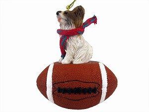 Brown & White Papillon Dog on Football Christmas Ornament – Hand-Painted Stone Resin