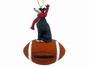 Black & White Greyhound Dog on Football Christmas Ornament – Hand-Painted Stone Resin