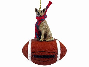 Red Australian Cattle Dog on Football Christmas Ornament – Hand-Painted Stone Resin
