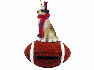 Brown Australian Shepherd Dog on Football Christmas Ornament – Hand-Painted Stone Resin